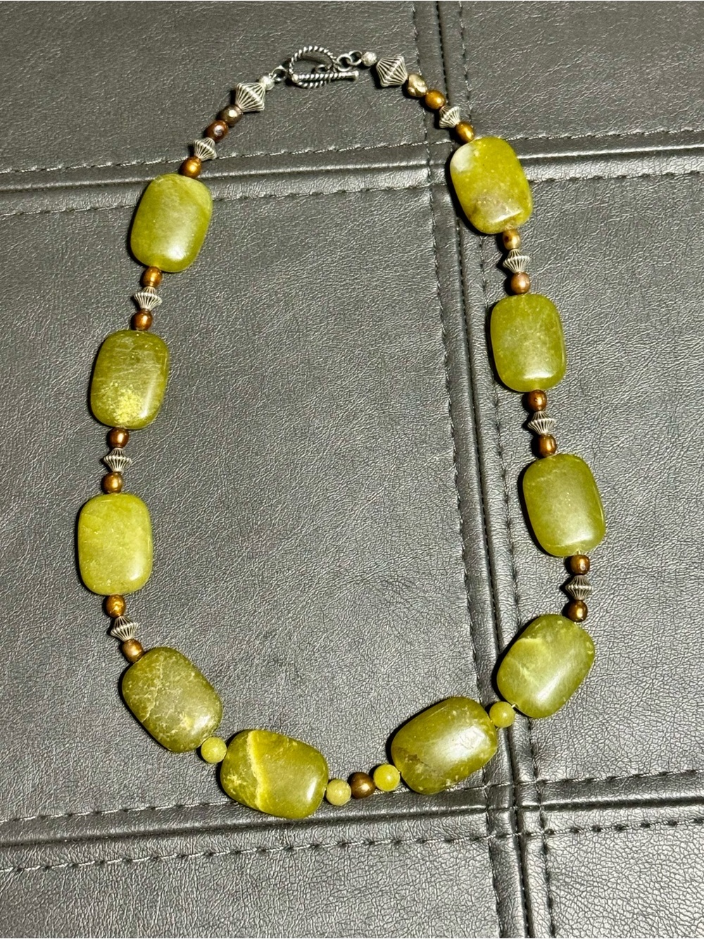 Natural Serpentiner Gemstone & Freshwater Pearls with Silver Plated Spacers ~19”